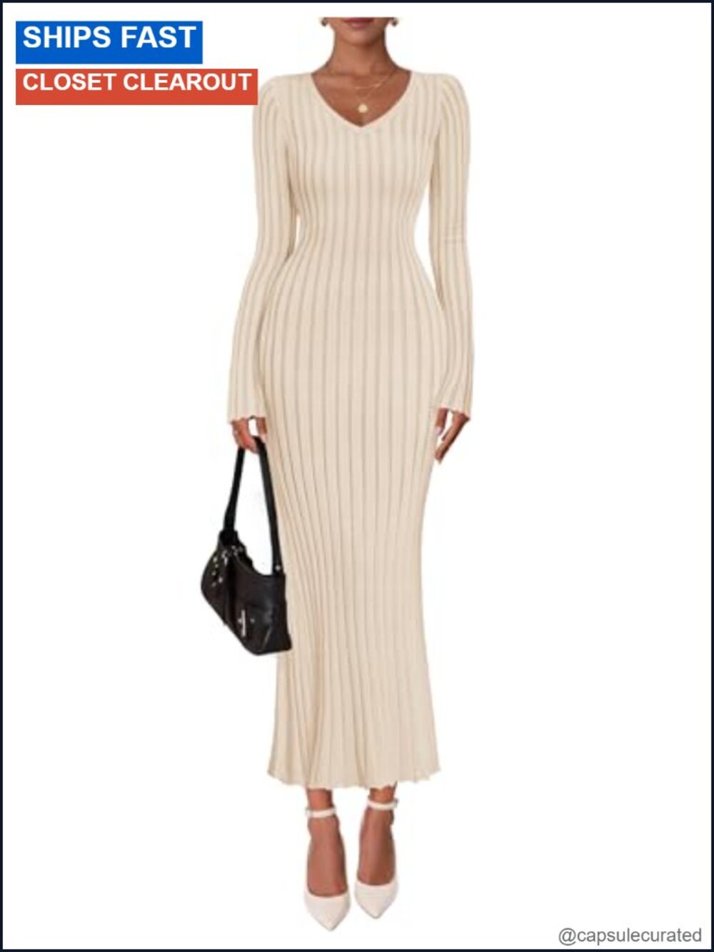 Ribbed Knit V Neck Long Sleeve Bodycon Maxi Sweater Dress
